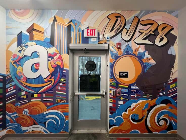 An image of the wall graphics around a door in an Amazon warehouse.